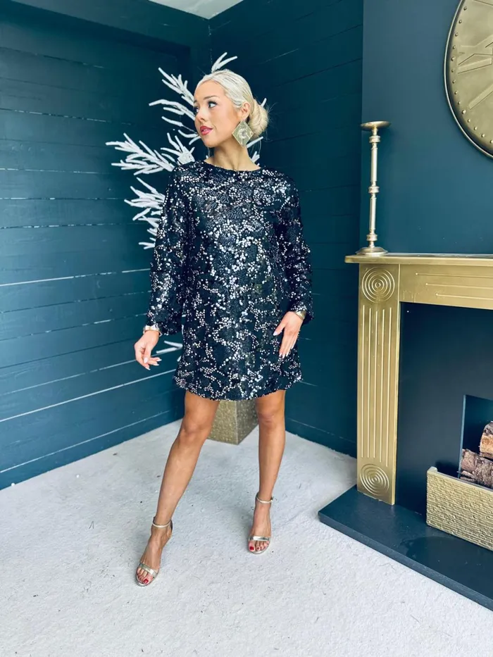 Women Day Dress Canella Lane Mila Bow Detail Sequin Mini Dress Black and Gold