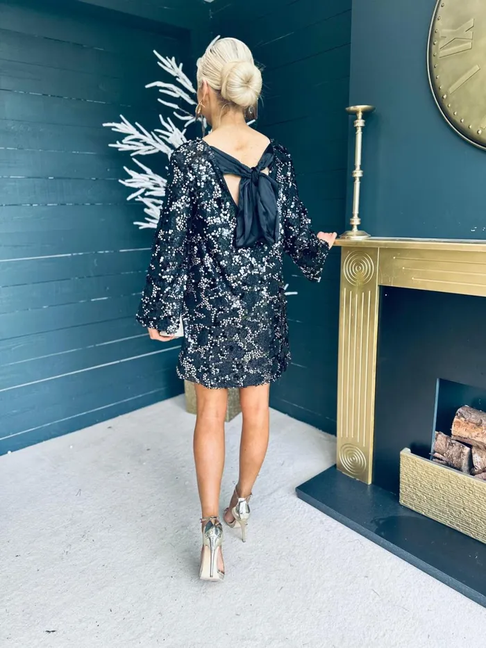 Women Day Dress Canella Lane Mila Bow Detail Sequin Mini Dress Black and Gold