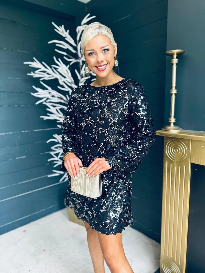 Women Day Dress Canella Lane Mila Bow Detail Sequin Mini Dress Black and Gold