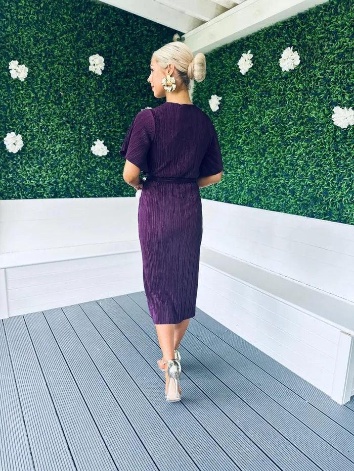 Women Day Dress Canella Lane Tabby Ruched Plisse Midi Dress Plum