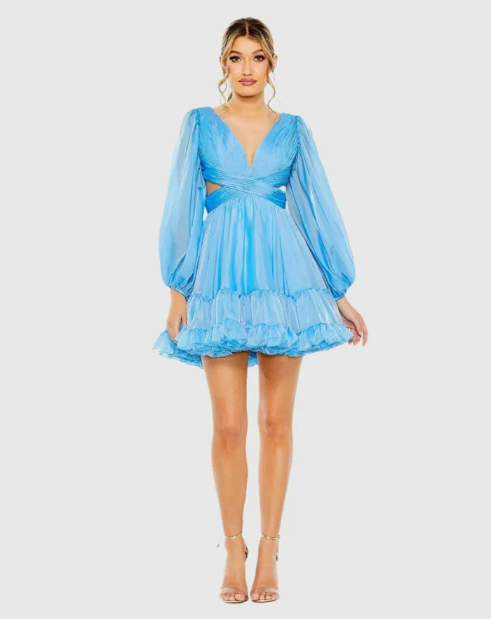 Women Daytime Dresses Mac Duggal Long Sleeve Chiffon Cut Out Mini Dress Blue