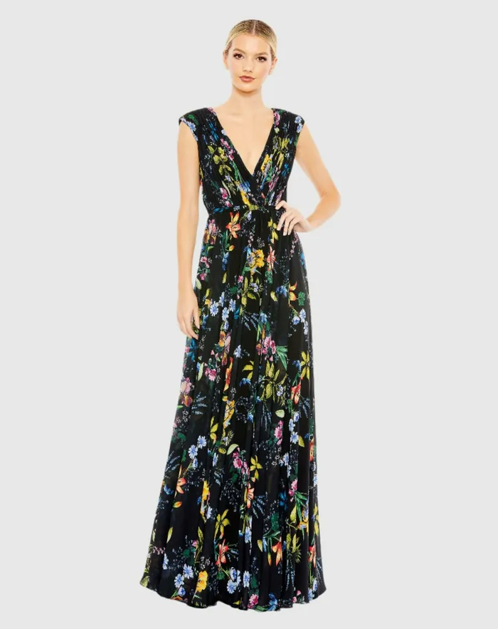 Women Daytime Dresses Mac Duggal Pleated Floral Cap Sleeve A Line Gown Pink Multi