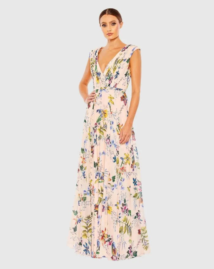 Women Daytime Dresses Mac Duggal Pleated Floral Cap Sleeve A Line Gown Pink Multi Women Daytime Dresses Mac Duggal Pleated Floral Cap Sleeve A Line Gown Pink Multi