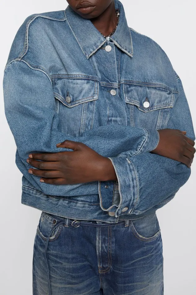 Women Denim Jacket 8211 Relaxed Cropped Fit Mid Blue Acne Studios Outerwear
