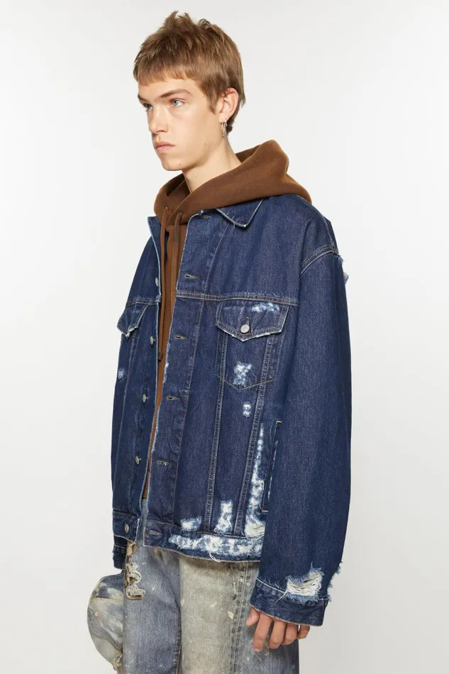 Women Distressed Denim Jacket 8211 Relaxed Fit Mid Blue Acne Studios Outerwear