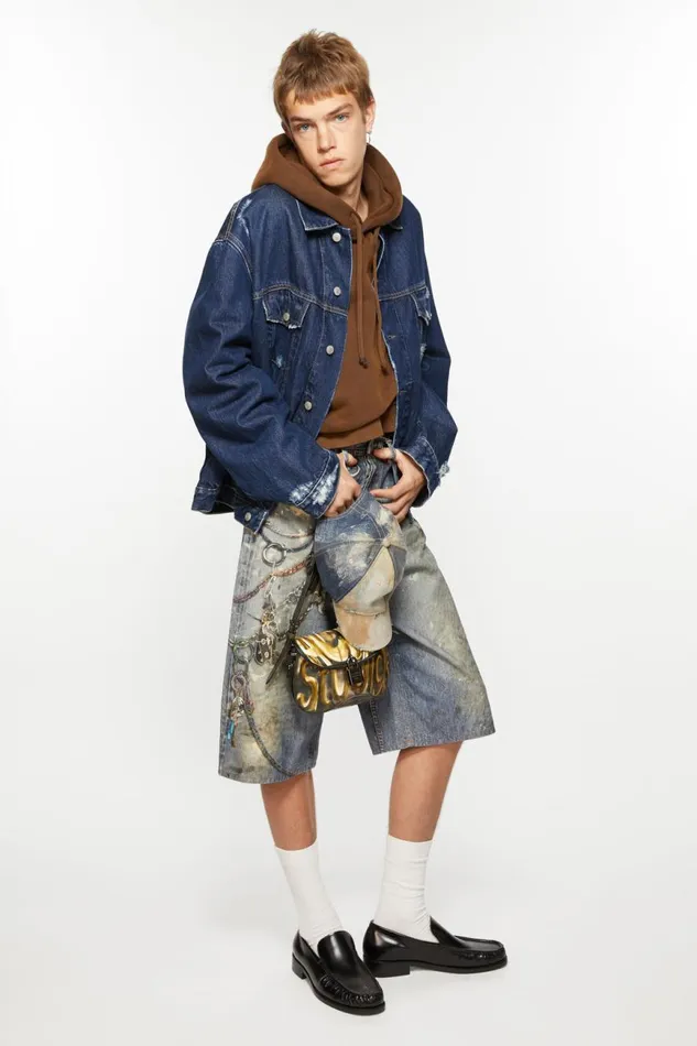 Women Distressed Denim Jacket 8211 Relaxed Fit Mid Blue Acne Studios Outerwear