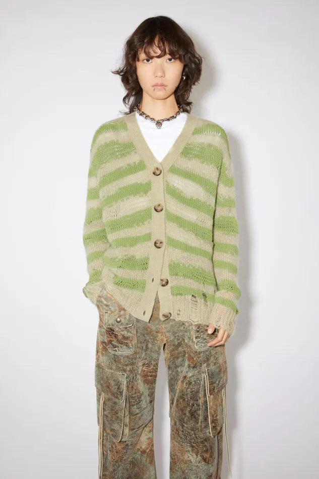 Women Distressed Stripe Cardigan Sage Greenapple Green Acne Studios Knitwear