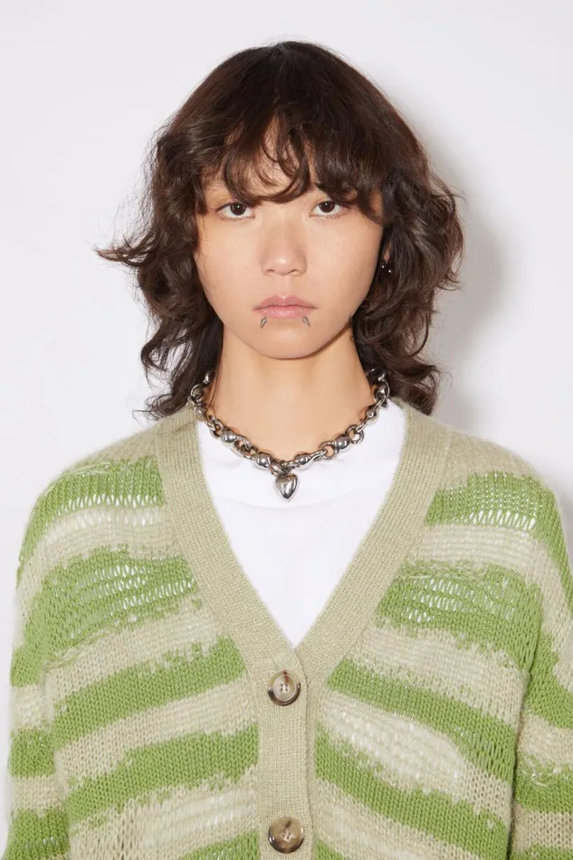 Women Distressed Stripe Cardigan Sage Greenapple Green Acne Studios Knitwear