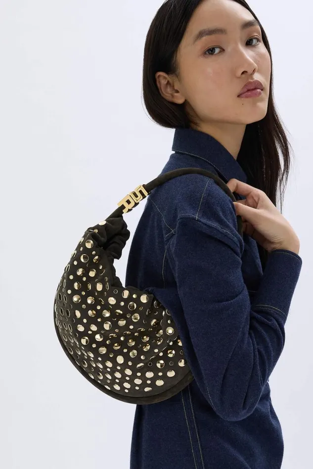 Women Domino Medium Bag In Suede And Studs Khaki Green Sonia Rykiel Le Domino