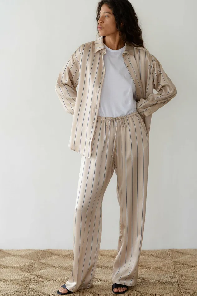 Women DONNI Bottoms The Silk Pinstripe Drawstring Pant