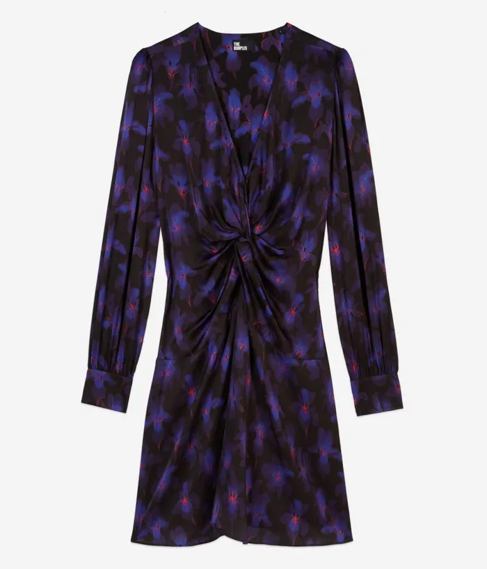 Women Dresses and Jumpsuits THE KOOPLES Purple Floral Print Long Sleeve Short Dress With Draping