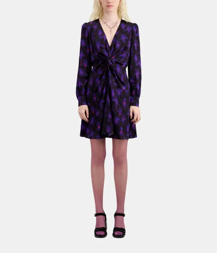 Women Dresses and Jumpsuits THE KOOPLES Purple Floral Print Long Sleeve Short Dress With Draping Women Dresses and Jumpsuits THE KOOPLES Purple Floral Print Long Sleeve Short Dress With Draping