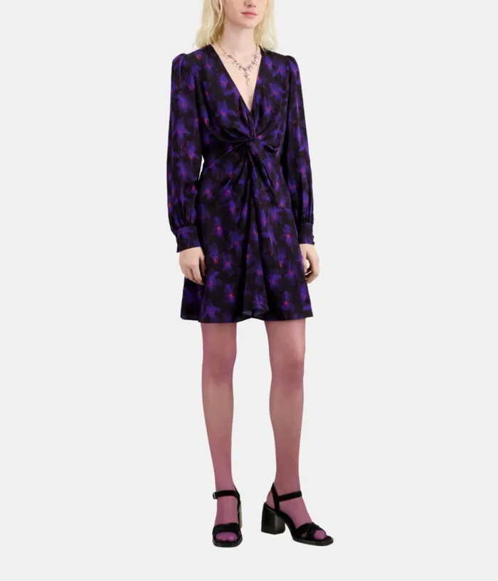 Women Dresses and Jumpsuits THE KOOPLES Purple Floral Print Long Sleeve Short Dress With Draping Women Dresses and Jumpsuits THE KOOPLES Purple Floral Print Long Sleeve Short Dress With Draping