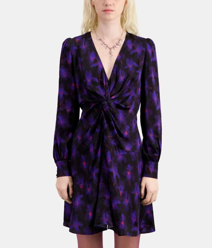 Women Dresses and Jumpsuits THE KOOPLES Purple Floral Print Long Sleeve Short Dress With Draping Women Dresses and Jumpsuits THE KOOPLES Purple Floral Print Long Sleeve Short Dress With Draping