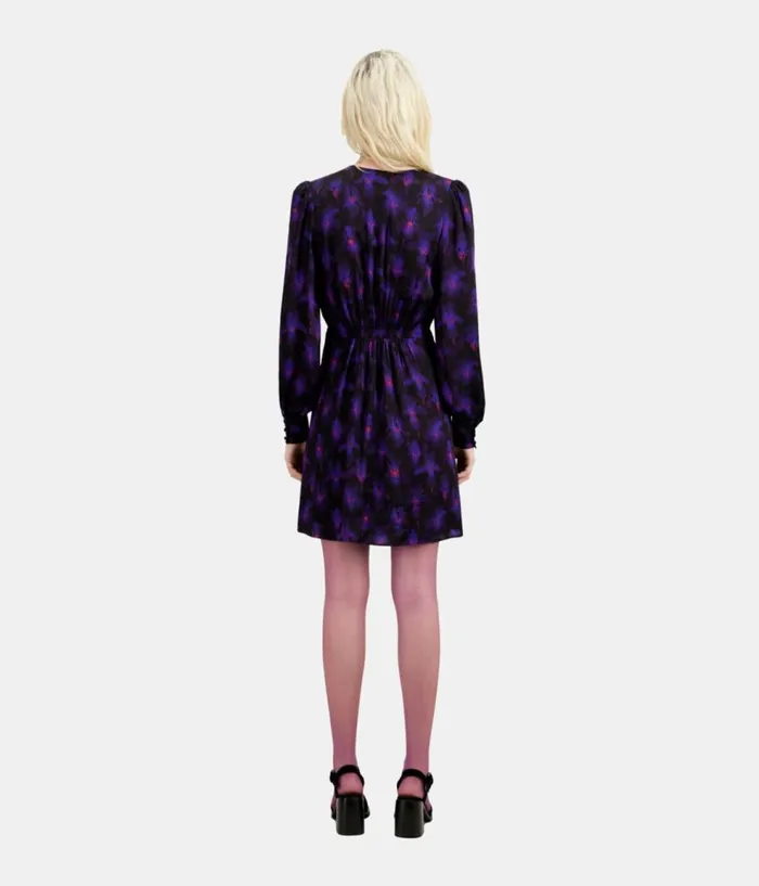 Women Dresses and Jumpsuits THE KOOPLES Purple Floral Print Long Sleeve Short Dress With Draping Women Dresses and Jumpsuits THE KOOPLES Purple Floral Print Long Sleeve Short Dress With Draping