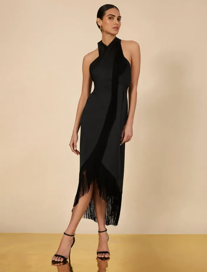 Women Dresses BCBG Arla Halter Fringe Dress Black