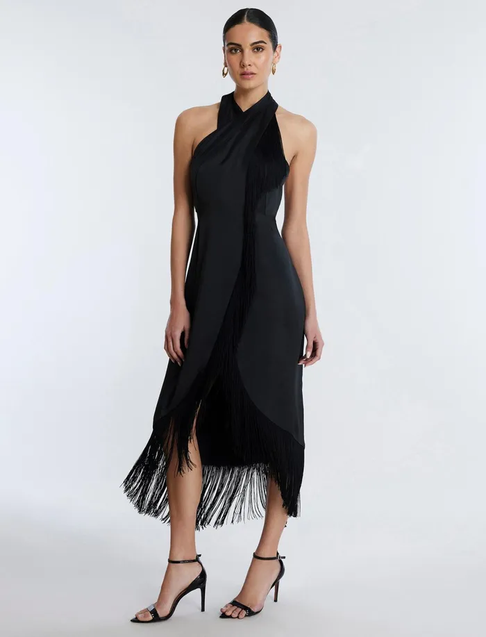 Women Dresses BCBG Arla Halter Fringe Dress Black
