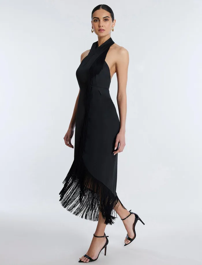 Women Dresses BCBG Arla Halter Fringe Dress Black