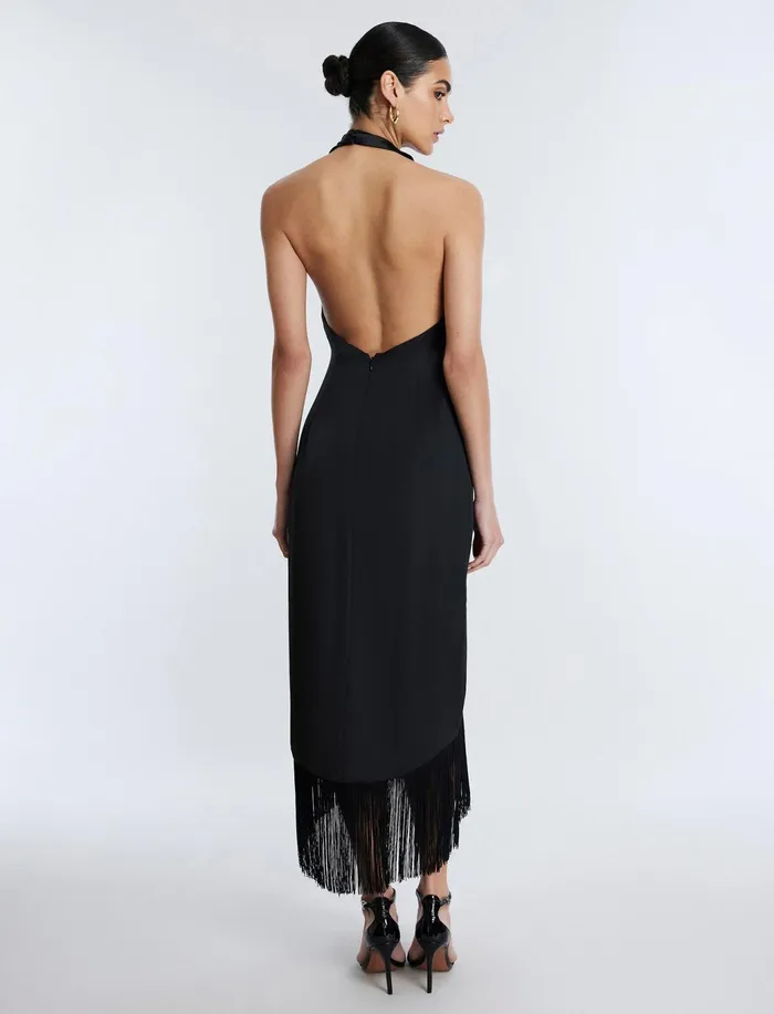 Women Dresses BCBG Arla Halter Fringe Dress Black