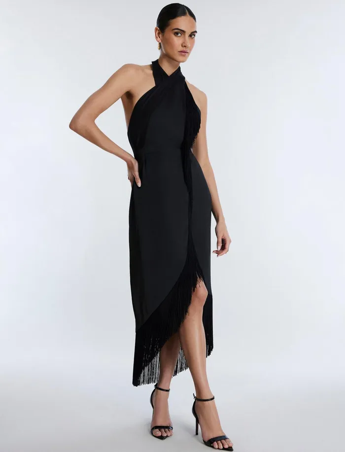 Women Dresses BCBG Arla Halter Fringe Dress Black