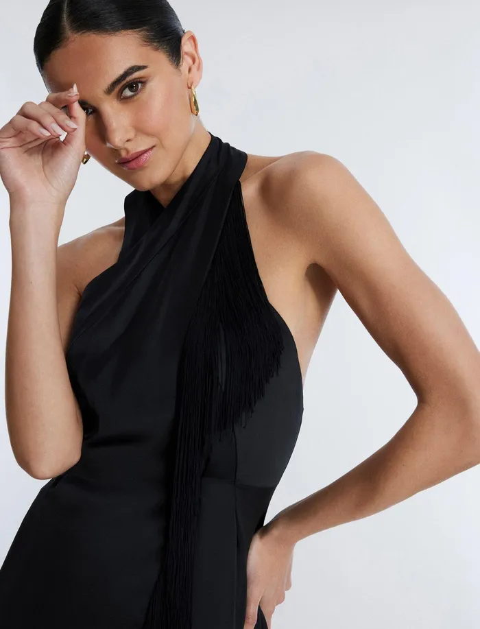 Women Dresses BCBG Arla Halter Fringe Dress Black