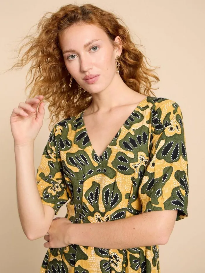 Women DRESSES White Stuff Kate Linen Blend Dress Chartreuse Print