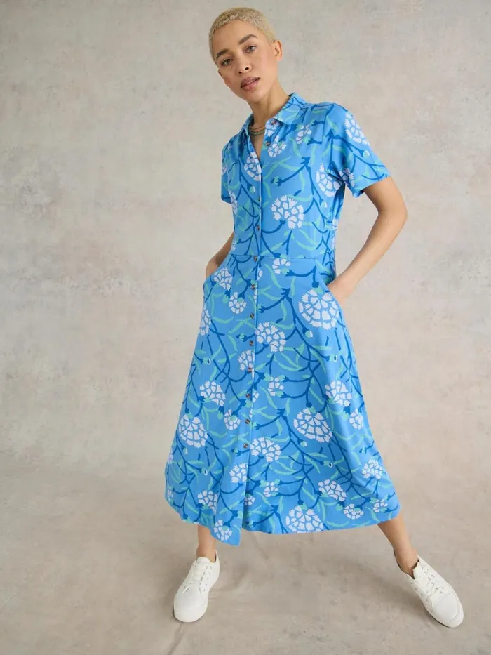 Women DRESSES White Stuff Rua Jersey Print Midi Dress Blue Multi Women DRESSES White Stuff Rua Jersey Print Midi Dress Blue Multi