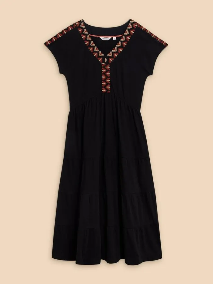Women DRESSES White Stuff Tabitha Tiered Midi Dress Black Multi
