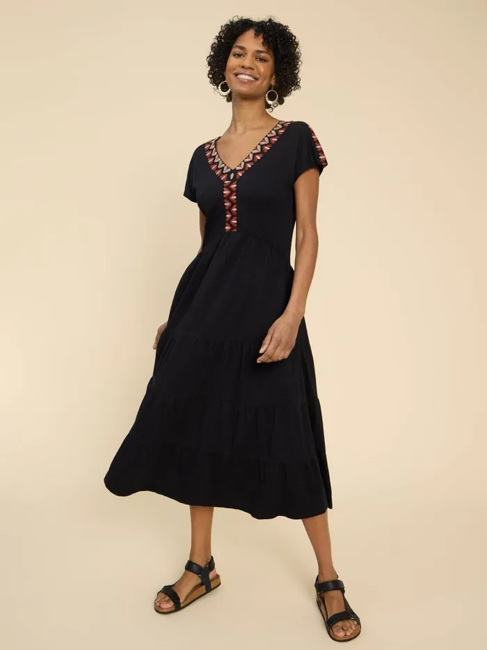 Women DRESSES White Stuff Tabitha Tiered Midi Dress Black Multi