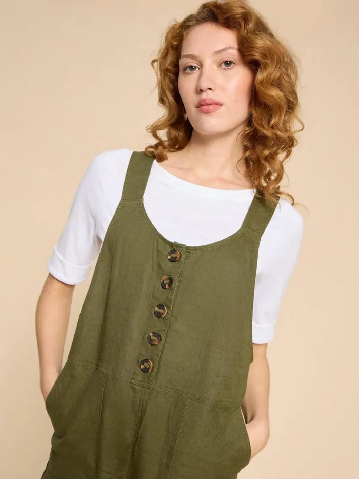 Women DRESSES White Stuff Viola Crop Linen Dungaree Khaki Green