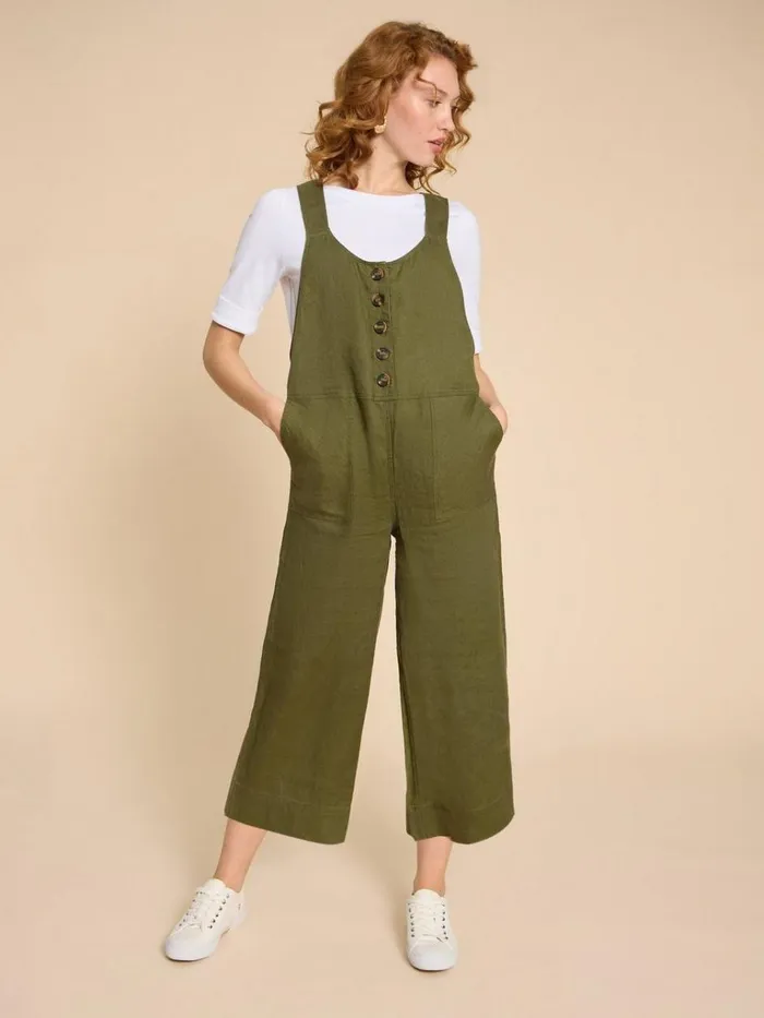 Women DRESSES White Stuff Viola Crop Linen Dungaree Khaki Green Women DRESSES White Stuff Viola Crop Linen Dungaree Khaki Green