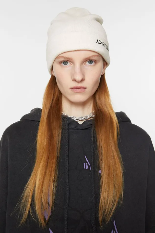 Women Embroidered Logo Beanie Off White Acne Studios Hats