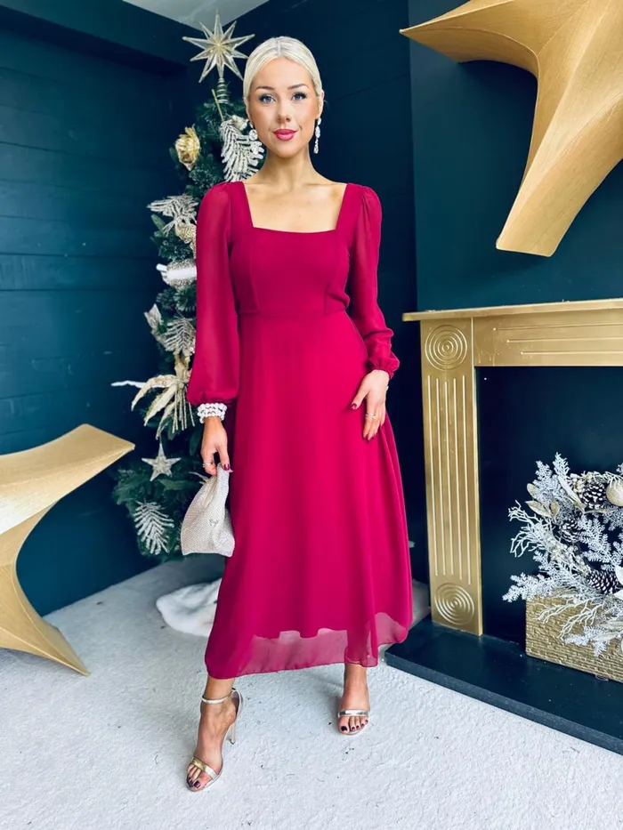 Women Evening Dress Canella Lane Caitlin Square Neck Midi Dress Burgundy