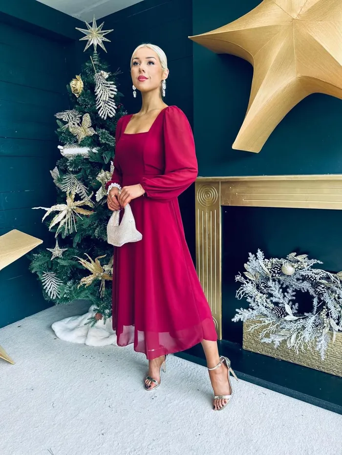 Women Evening Dress Canella Lane Caitlin Square Neck Midi Dress Burgundy