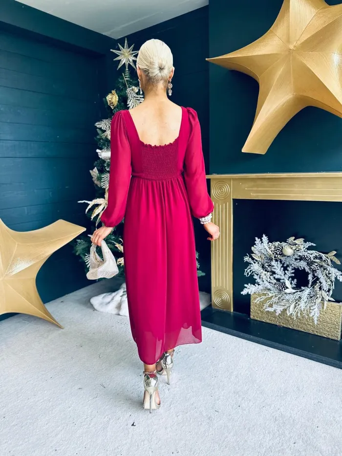 Women Evening Dress Canella Lane Caitlin Square Neck Midi Dress Burgundy