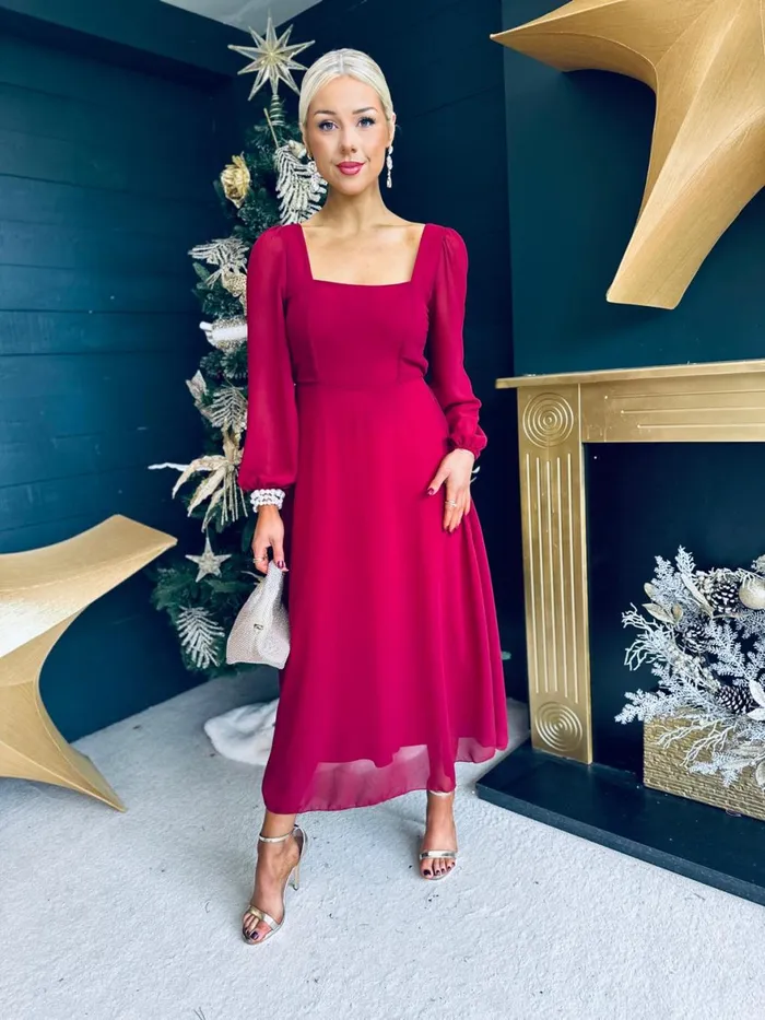 Women Evening Dress Canella Lane Caitlin Square Neck Midi Dress Burgundy