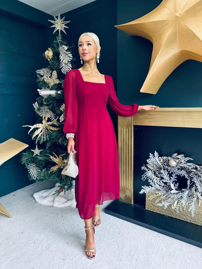 Women Evening Dress Canella Lane Caitlin Square Neck Midi Dress Burgundy