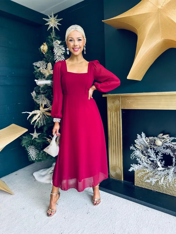Women Evening Dress Canella Lane Caitlin Square Neck Midi Dress Burgundy