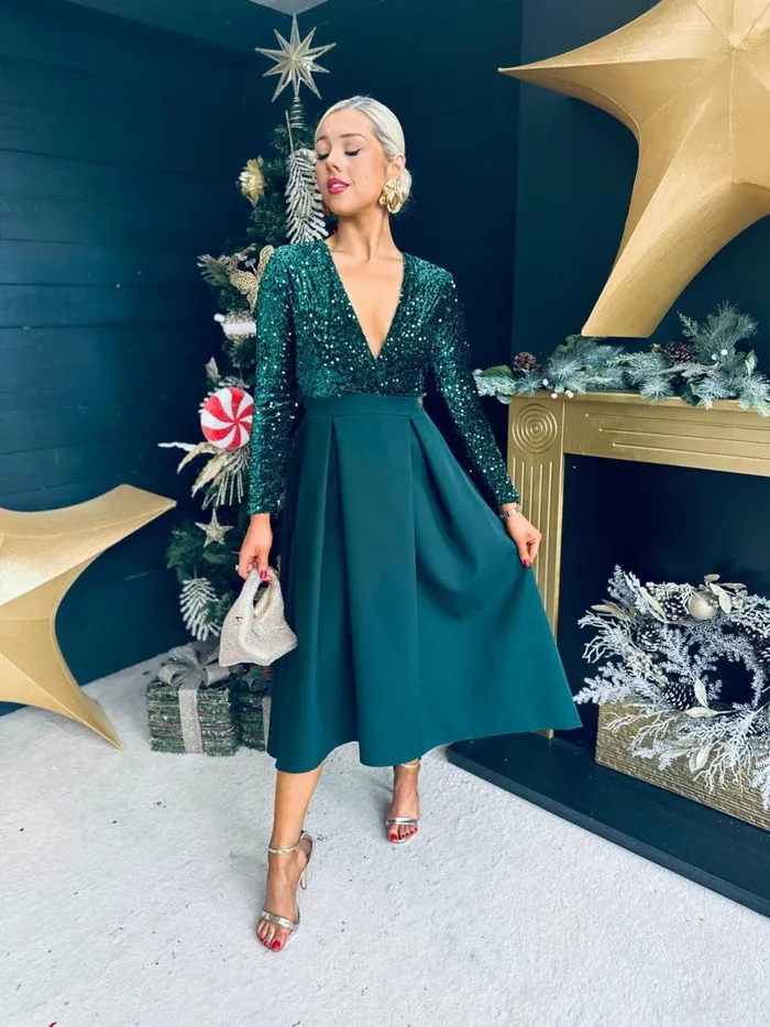 Women Evening Dress Canella Lane Erin Sequin Detail Occasion Dress Forest