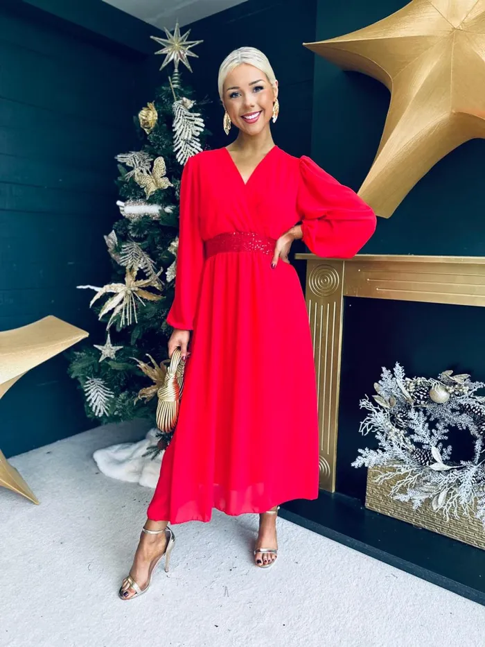 Women Evening Dress Canella Lane Julia Sequin Banded Midi Dress Red