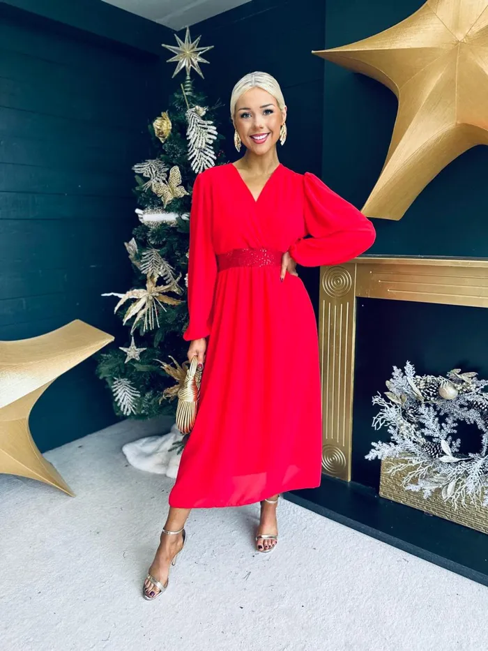 Women Evening Dress Canella Lane Julia Sequin Banded Midi Dress Red