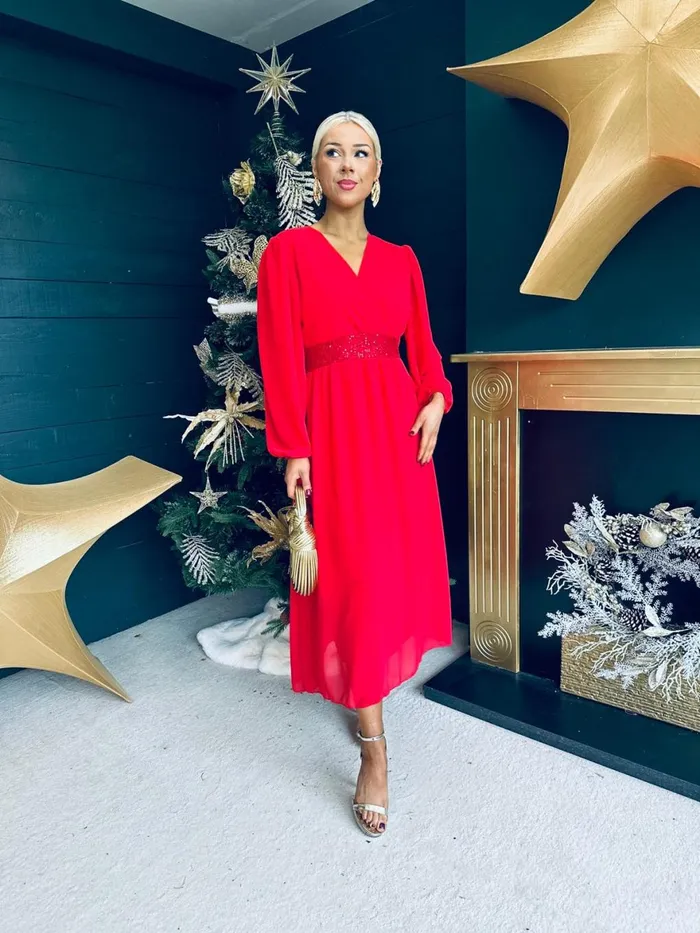 Women Evening Dress Canella Lane Julia Sequin Banded Midi Dress Red