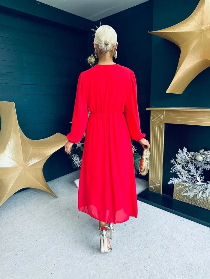 Women Evening Dress Canella Lane Julia Sequin Banded Midi Dress Red
