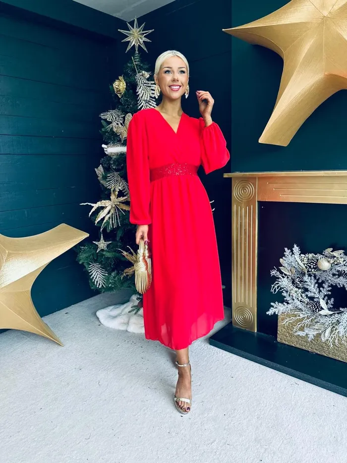 Women Evening Dress Canella Lane Julia Sequin Banded Midi Dress Red