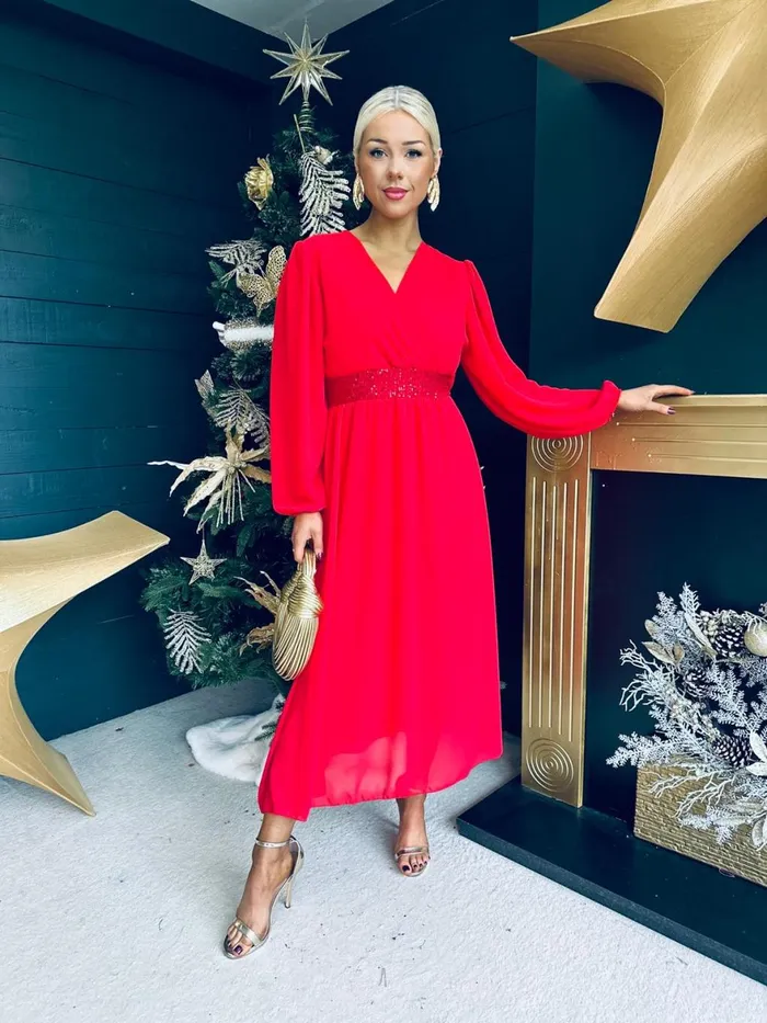 Women Evening Dress Canella Lane Julia Sequin Banded Midi Dress Red