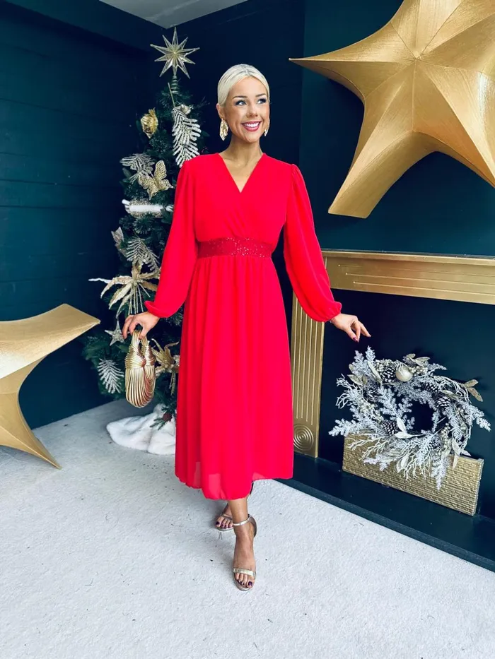 Women Evening Dress Canella Lane Julia Sequin Banded Midi Dress Red