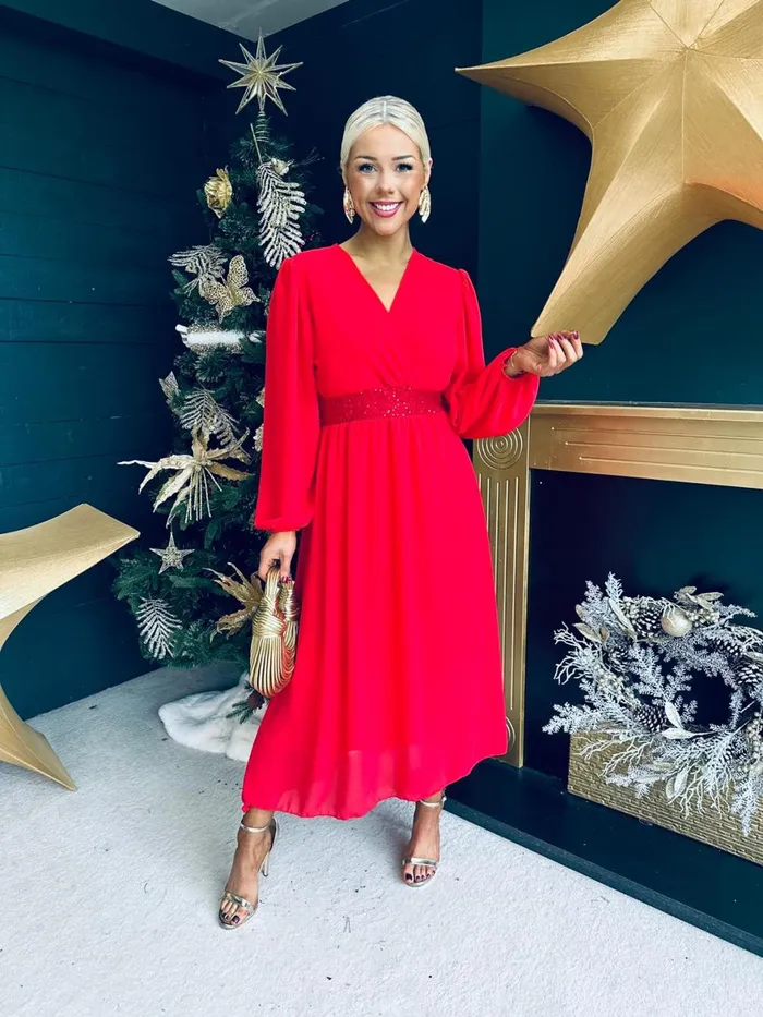 Women Evening Dress Canella Lane Julia Sequin Banded Midi Dress Red