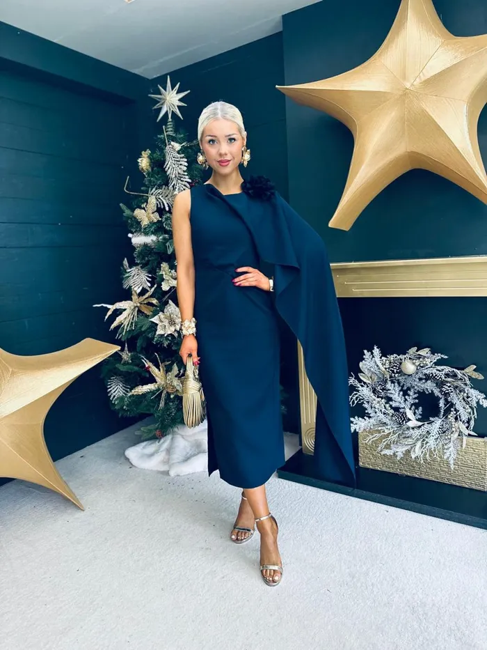 Women Evening Dress Canella Lane Keegan Cape Detail Occasion Dress Navy