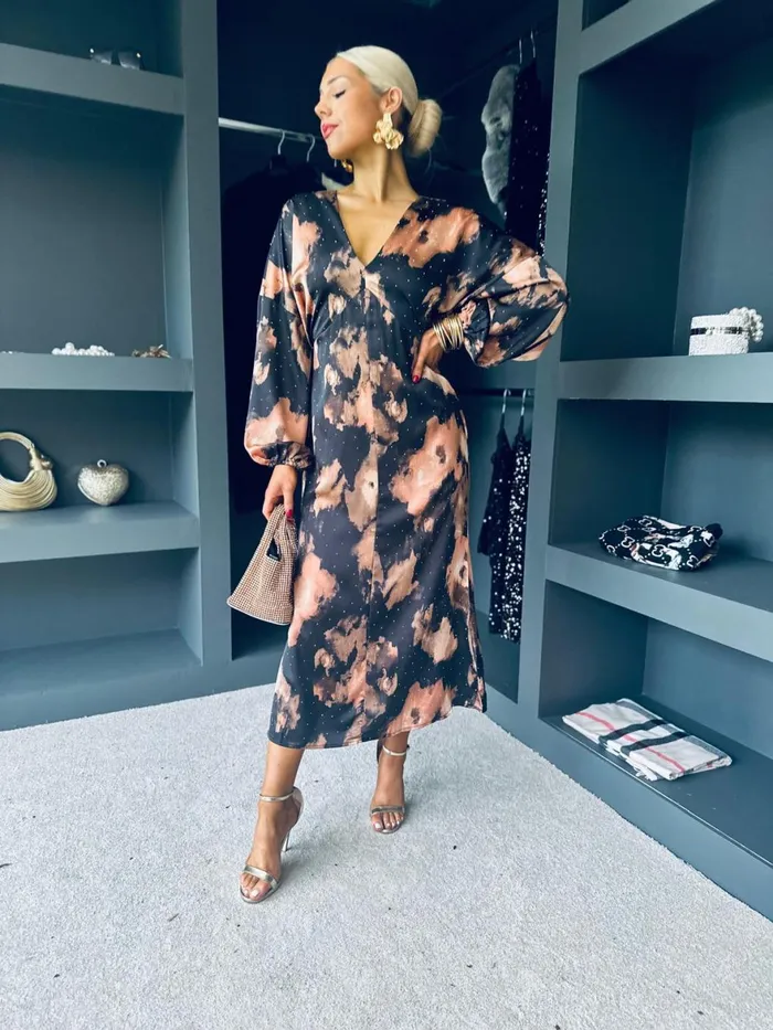 Women Evening Dress Canella Lane London V Neck Long Sleeve Maxi Dress In Brown Abstarct Sparkle