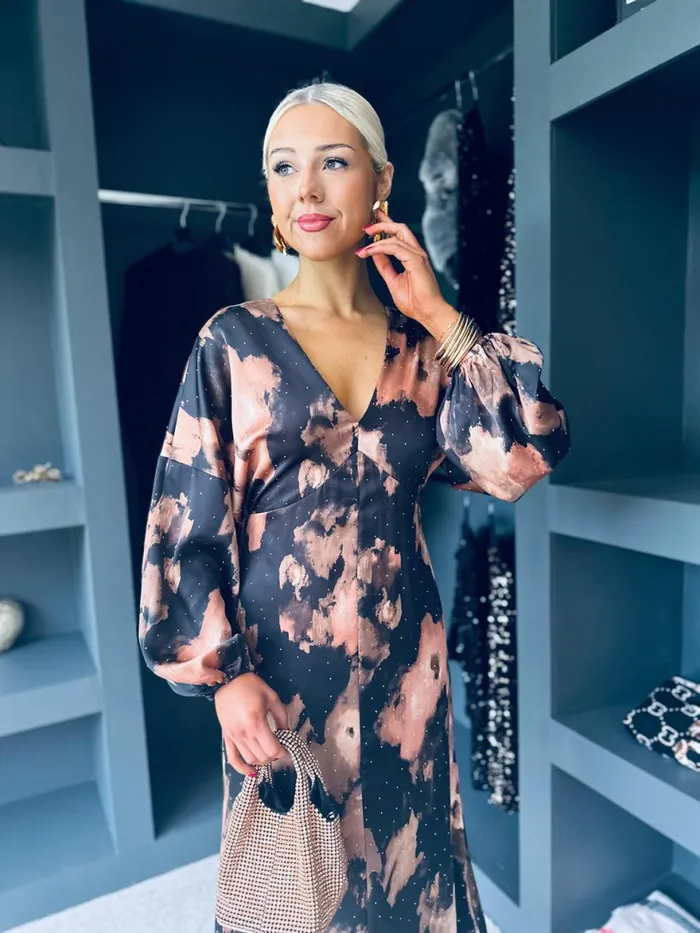 Women Evening Dress Canella Lane London V Neck Long Sleeve Maxi Dress In Brown Abstarct Sparkle